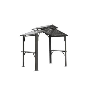 8x5FT Hardtop Grill Gazebo, Outdoor BBQ Gazebo W Galvanized Steel Double Roof, Permanent Sun Shade Grill Canopy Shelter With 2 Side Shelves And Ceiling Hook For Patio Deck Yard Garden  Grey