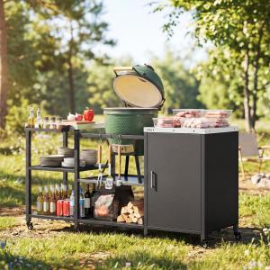 Grill Table for Big Green Egg Grill, Heavy Duty Metal BBQ Prep Table with Stainless Steel Top and Storage Cabinet, Black