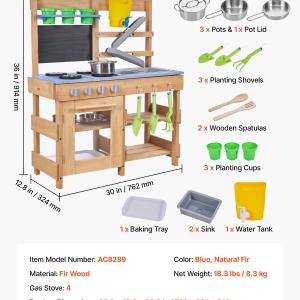 Mud Kitchen, Outdoor Mud Kitchen For Kids, Wood Outdoor Play Kitchens With Stoves, Hooks, Sinks, Planting Shovels, Spatulas, Handle, Cookware Pots And Accessories, Play With Water And Sand