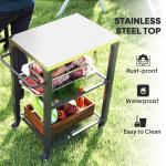 3-Shelf Outdoor Grill Cart with Stainless Steel Tabletop, Movable Pizza Oven Table with Hooks, Side Handle, Wheels