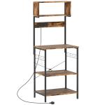 Bakers Rack With Power Outlet, USB Charger, Microwave Stand With Adjustable Shelves, 5 Hooks For Small Spaces, Kitchen Storage Unit For Spices, Pots And Pans, Rustic Brown