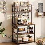 Kitchen Bakers Rack, 5 Ft Power Cable Bakers Rack With Power Outlet, Kitchen Stand With X-Shaped Support Bar, 12 S-Shaped Hooks, Coffee Bar Stand For Dishes, Spice Bottles, Built-In Power Strip