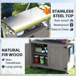 Outdoor Grill Cart W/ Stainless Steel Top, Solid Wood Outdoor Kitchen Island W/ Wheels, Storage Cabinets, Gray
