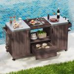 K&K 66.5 Outdoor Kitchen Island, Solid Wood Outdoor Grill Cart, Equipped With Stainless Steel Countertop And Drawers, Compatible With Large Green Egg Grill, Carducci Dark Brown.