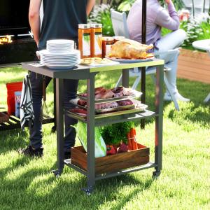 Three-Shelf Outdoor Grill Cart Table with Foldable Side Table, Stainless Steel Top Pizza Oven Stand with Hooks, Silver