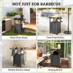 Outdoor Grill Cart with Stainless Steel Top, Solid Wood Outdoor Kitchen Island with Wheels, Integrated Hole, Dark Gray
