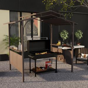 8'x5' BBQ Grill Gazebo, Outdoor Double Tiered Interlaced Polycarbonate Roof with Steel Frame, 2 Side Shelves, Brown