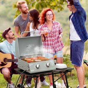 2 Burner Folding Tabletop Gas BBQ Grill W/ Lid, Thermometer, Carbon Steel, Gray