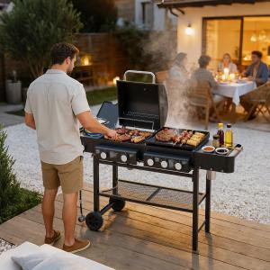 All-in-One Propane Gas Grill With Grilling & Griddling Functions, 745 Sq.Inch Cooking Space, 5 Burners, 56000 BTU Propane Grill,  Heavy-Duty Stand For Barbecue & Outdoor Cooking