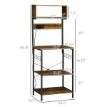 Kitchen Bakers Rack With Power Outlet, USB Charger, Microwave Stand, Coffee Bar With Adjustable Shelves, 5 Hooks For Spices, Pots And Pans, Rustic Brown