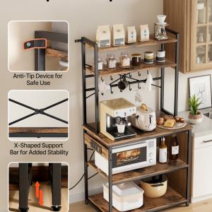 Kitchen Bakers Rack, 5 Ft Power Cable Bakers Rack With Power Outlet, Kitchen Stand With X-Shaped Support Bar, 12 S-Shaped Hooks, Coffee Bar Stand For Dishes, Spice Bottles, Built-In Power Strip