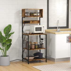 Kitchen Bakers Rack With Power Outlet, USB Charger, Microwave Stand, Coffee Bar With Adjustable Shelves, 5 Hooks For Spices, Pots And Pans, Rustic Brown