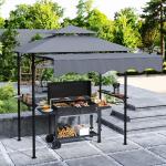 8' x 5' Outdoor Grill Gazebo, Barbecue Gazebo Shelter with Side Awning, 2 Side Shelves and 6 Hooks, Dark Gray