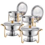 Chafing Dish Buffet Set, 5 Qt 4 Pack, Stainless Steel Chafer With 4 Full Size Pans, Round Catering Warmer Server With Lid Water Pan Folding Stand Clip, For Weddings Parties Banquets, Gold