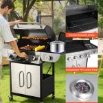 Gas Grill, 4 Burner Propane Gas Grill With Side Burner, 425 SQ.In Grilling Area, Carbon Steel Enamel Grates, Outdoor 52,000 BTU Patio Garden BBQ Grills With Two Side Shelves, Stainless Steel