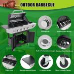Propane Four-burner Stainless Steel Gas Grill With Side Burners, Suitable For Outdoor Patios And Gardens.