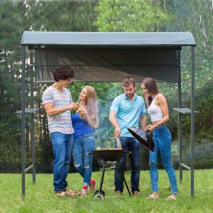 7FT Grill Gazebo BBQ Canopy with Sun Shade Panel Side Awning, 2 Exterior Serving Shelves, 5 Hooks for Patio Lawn Backyard
