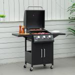 3 Burner Gas BBQ Grill Outdoor Portable Barbecue Trolley W/ Warming Rack, Side Shelves, Storage Cabinet, Thermometer, Carbon Steel, Black