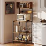 Bakers Rack With Power Outlet, USB Charger, Microwave Stand With Adjustable Shelves, 5 Hooks For Small Spaces, Kitchen Storage Unit For Spices, Pots And Pans, Rustic Brown