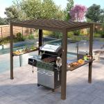 8x5 FT Grill Louvered Pergola For Outdoor Grill, Hardtop Grill Pergola With Built-in Gutter & Adjustable Rainproof Roof, Metal Shelter Gazebo For Patio  Deck -Brown