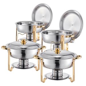 Chafing Dish Buffet Set, 5 Qt 4 Pack, Stainless Steel Chafer With 4 Full Size Pans, Round Catering Warmer Server With Lid Water Pan Folding Stand Clip, For Weddings Parties Banquets, Gold