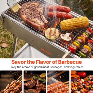 Foldable Charcoal Grill, 250 Sq.in. Portable Charcoal Barbecue Grill With Liftable Charcoal Tray & Side Tables, Brushed Stainless Steel BBQ Cooking Grills For Outdoor Camping Back Yard Parties