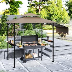 8' X 5' Outdoor Grill Gazebo, Barbecue Gazebo Shelter With Side Awning, 2 Side Shelves And 6 Hooks, Brown