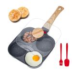 Egg Pan, 4-Cup Nonstick Egg Frying Pan, Aluminum Breakfast Omelette Skillet For Pancakes, Hamburgers, Sandwiches, With Lid, Oil Brush, Scraper, Compatible With Gas Stove & Induction Cookware