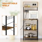 Kitchen Bakers Rack With Power Outlet, USB Charger, Microwave Stand, Coffee Bar With Adjustable Shelves, 5 Hooks For Spices, Pots And Pans, Rustic Brown
