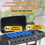 6 Burner BBQ Propane Gas Grill With Side Burner 59000 BTU Output Stainless Steel Barbecue Grill With Enamel-Coated Grates And Side Tables For Outdoor Cooking Kitchen And Patio Backyard.