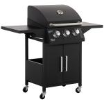 3 Burner Gas BBQ Grill Outdoor Portable Barbecue Trolley W/ Warming Rack, Side Shelves, Storage Cabinet, Thermometer, Carbon Steel, Black
