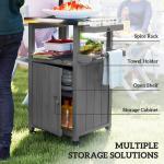 Outdoor Grill Cart with Stainless Steel Top, Solid Wood Outdoor Kitchen Island with Wheels, Integrated Hole, Dark Gray