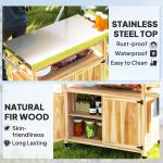 Outdoor Grill Cart W/ Stainless Steel Top, Solid Wood Outdoor Kitchen Island W/ Wheels, Storage Cabinets, Natural Wood