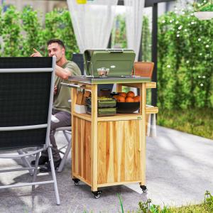 Outdoor Grill Cart w/ Stainless Steel Top, Solid Wood Outdoor Kitchen Island w/ Wheels, Integrated Hole, Natural Wood