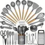 44-Piece Wooden-Handle Silicone Kitchenware Set For High-Temperature And Non-Stick Pans