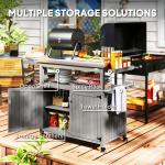 Outdoor Grill Cart W/ Stainless Steel Top, Solid Wood Outdoor Kitchen Island W/ Wheels, Storage Cabinets, Gray