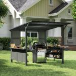 9X10FT Hardtop Grill Gazebo, Lean To Outdoor BBQ Gazebo With Storage Shelves And Expansion Platform, Galvanized Steel Permanent Hard Top Grill Canopy For Patio Backyard Lawn Garden -Grey