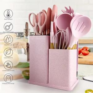 19pcs Set Non-Stick Silicone Kitchen Utensil Spatula Spoon Cooking Cookware Gift---pink