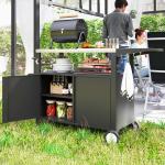 Outdoor Grill Cart Table with Stainless Steel Top, Movable Pizza Oven Table with Foldable Side Table, Wheels
