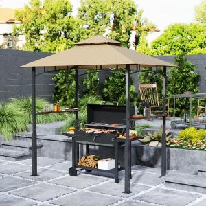 8' X 5' Outdoor Grill Gazebo, Barbecue Gazebo Shelter With LED Light, 2 Side Shelves, Hooks, Bottle Opener, Dark Brown