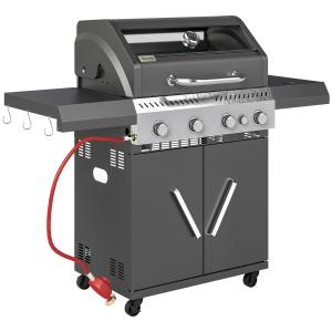 Burner Gas BBQ Grill With Clear View Lid, Portable Gas Barbecue Grill With Built-in Thermometer, Side Table, Cabinet, Wheels, Grease Tray For Garden Party Outdoor Cooking, Black