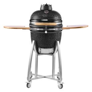 Charcoal Smoker And Grill, 18" Kamado Charcoal BBQ Smoker, Movable Ceramic Barbecue Grill With 4 Wheels (2 Lockable), Built-in Thermometer, Air Vents & Side Shelf For Outdoor Patio Yard Cooking