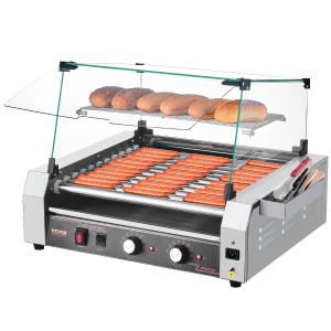 Hot Dog Grill Maschine Hot Dogs 11 Rollen Edelstahl, 2200 W, Elektrogrill Mit Abdeckung & 2 Temperaturregler & Seitlicher Aufbewahrungsbox & Herausnehmbarem Regal & Ölauffangschale