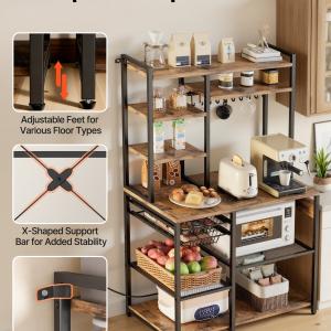 Kitchen Bakers Rack, 5 Ft Power Cable Bakers Rack With Power Outlet, Kitchen Stand With X-Shaped Support Bar, 10 S-Shaped Hooks, Coffee Bar Stand For Dishes, Spice Bottles, Built-In Power Strip