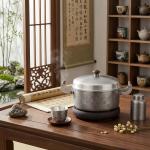 Pure 999 Fine Silver Elegant Floral Engraved Silver Casserole Pot with Wooden Handle Accents - Handicraft