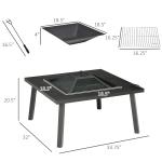 34" Fire Pit with Grill, Metal Outdoor Wood Burning Firepit with Spark Screen, Fire Poker, Cover, Table Lip, Black