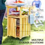 Outdoor Grill Cart W/ Stainless Steel Top, Solid Wood Outdoor Kitchen Island W/ Wheels, Integrated Hole, Natural Wood