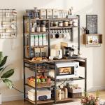 Kitchen Bakers Rack, 5 Ft Power Cable Bakers Rack With Power Outlet, Kitchen Stand With X-Shaped Support Bar, 10 S-Shaped Hooks, Coffee Bar Stand For Dishes, Spice Bottles, Built-In Power Strip