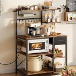 Kitchen Bakers Rack, 4.6ft Power Cable Bakers Rack With Power Outlet, Kitchen Stand With X-Shaped Support Bar, 8 S-Shaped Hooks, Coffee Bar Stand For Dishes, Spice Bottles, Built-In Power Strip