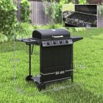 4+1 Burner Gas BBQ Grill, Portable Gas Barbecue Grill With Built-in Thermometer, Lid, Side Table, Shelf, Spice Rack, Wheels, Grease Cup For Garden Party Outdoor Cooking, Black